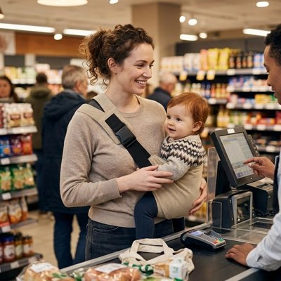 Mère dans magasin avec écharpe porte bébé sécurité