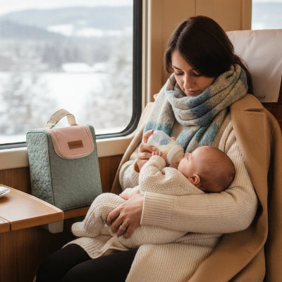 Mère dans train avec porte biberon isotherme intemporel
