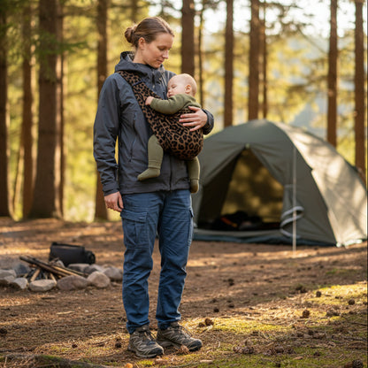 Mère en camping avec écharpe de portage bébé compacte