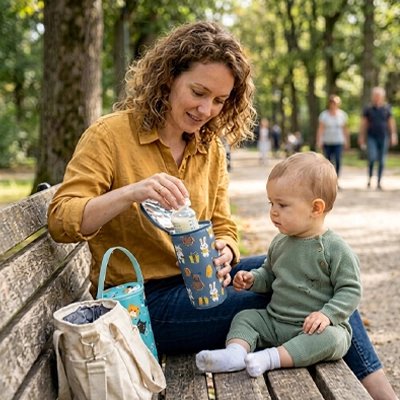Mère et enfant au parc avec porte biberon isotherme animaux coquins