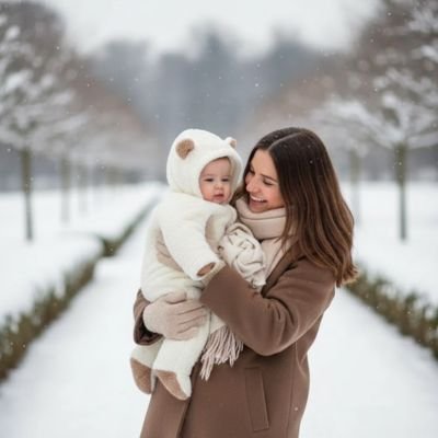 Mère et enfant avec combinaison hiver pour bebe petit ange blanc