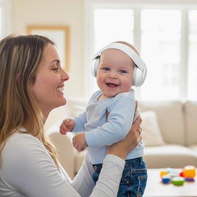 Mère et enfant heureux avec casque anti bruit bebe protection plus