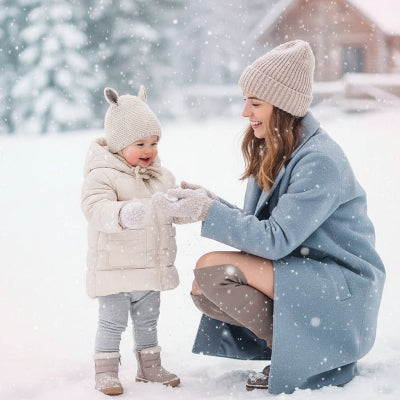 Mère et fillette dans neige avec bonnet bebe animal coquin