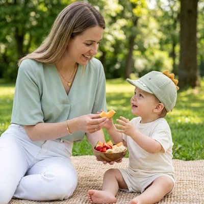 Mère et garçon au parc avec casquette bébé animaux tout doux verte