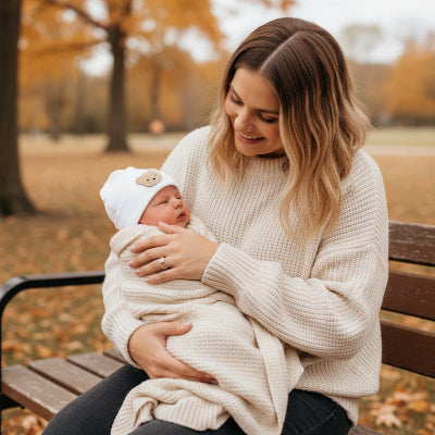 Mère et poupon au parc avec bonnet bébé naissance tendre nounours