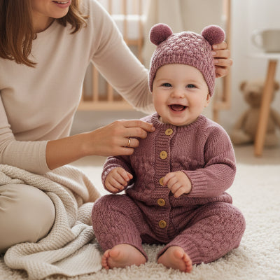 Mère habille poupon avec combinaison chaude bebe cocon cozy rose