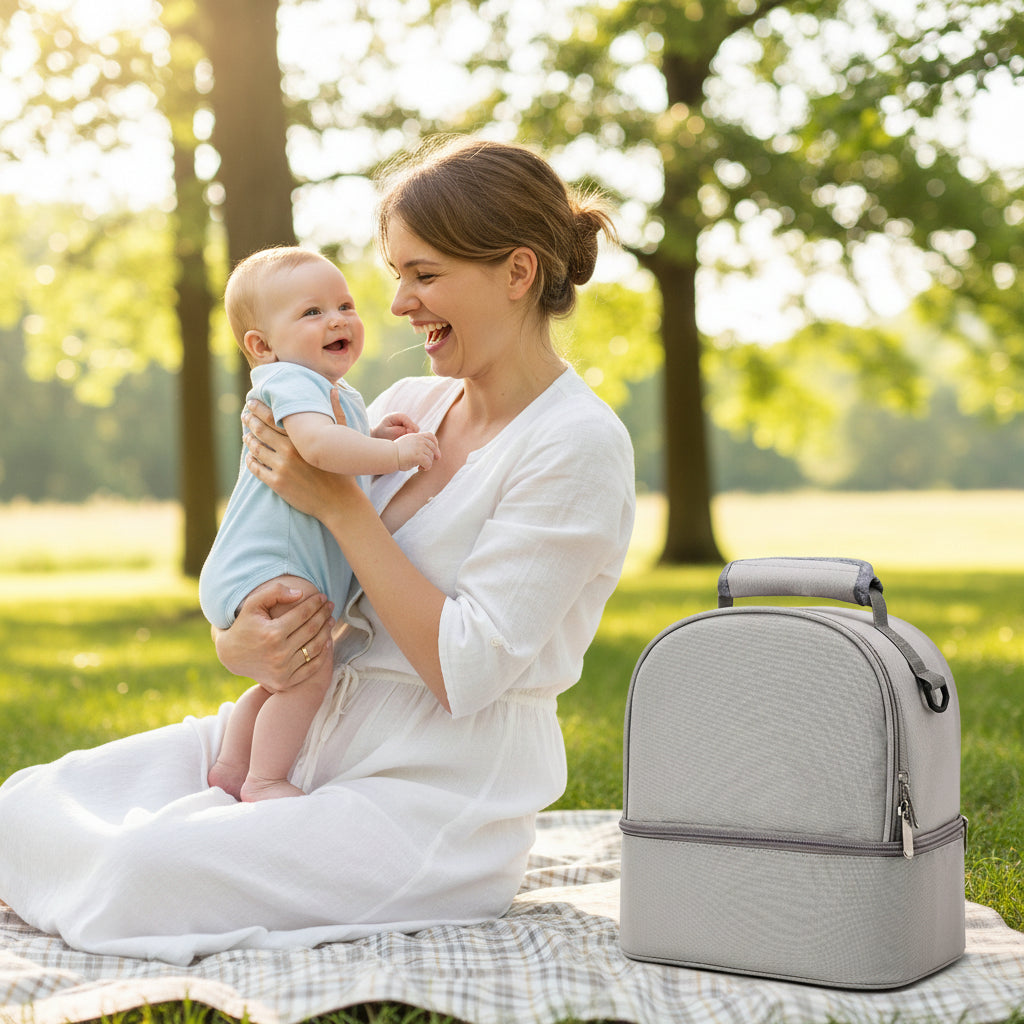 Mère heureuse avec bébé à côté de sac isotherme biberon spacieux gris