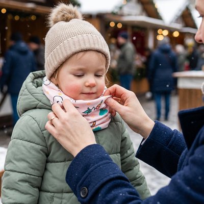 Mère installe tour de cou bébé licorne