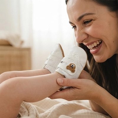Mère met à enfant chaussure bebe premier pas ourson respirant