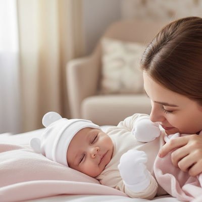 Mère observe bébé avec bonnet bébé naissance délicatesse