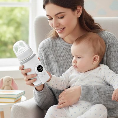 Mère observe température de chauffe biberon intelligent