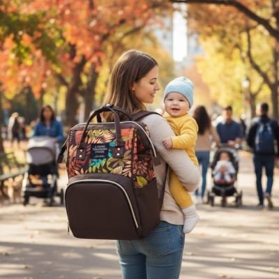 Mère-porte-bébé-avec-sac-a-dos-maman-bebe-marron-élégant