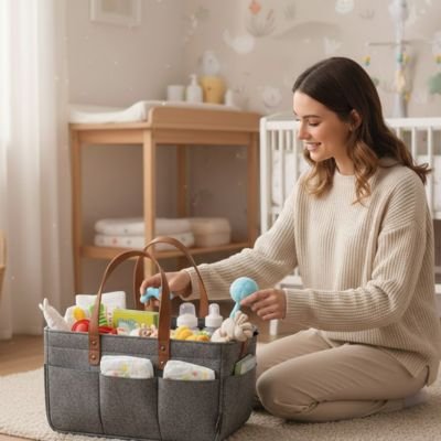 Mère range accessoires dans panier de rangement pour bebe simplicité