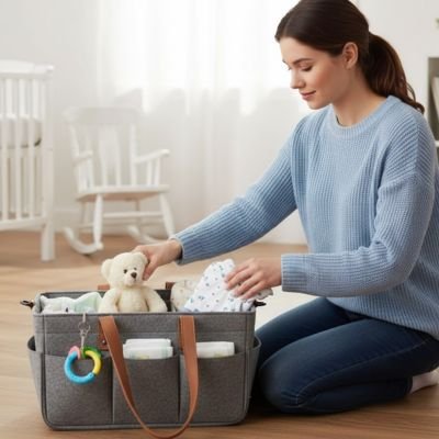 Mère range toutou dans panier de rangement pour bebe simplicité
