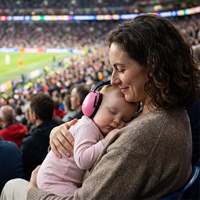 Mère réconforte bébé avec casque anti bruit pour bebe