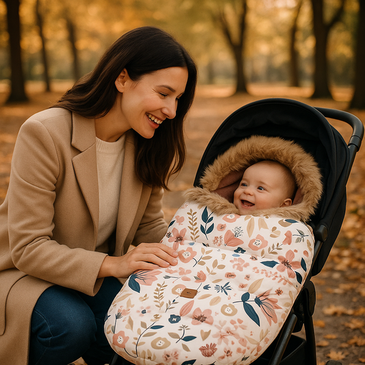 Mère-regarde-enfant-dans-chancelière-bébé-thermique-fleurie