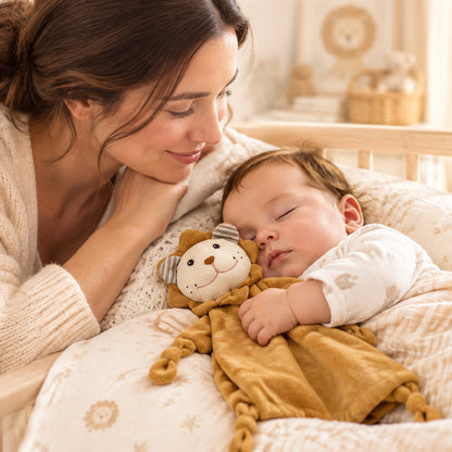Mère regarde poupon dormir avec doudou bebe sérénité