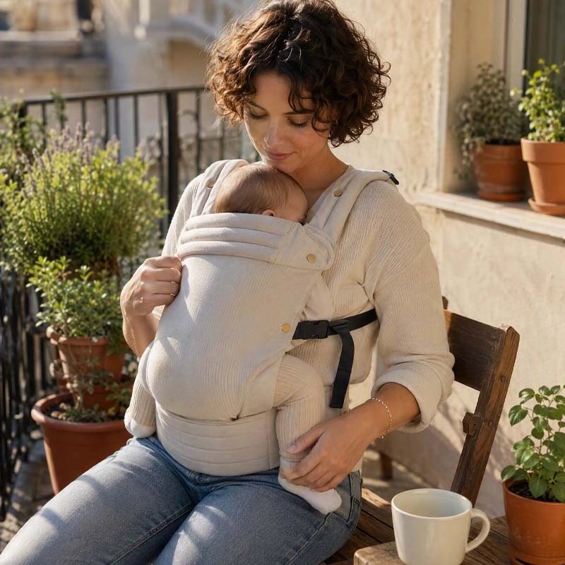 Mère se détend avec kangourou porte bebe fusion