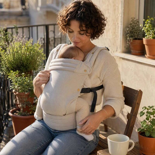 Mère se détend avec kangourou porte bebe fusion