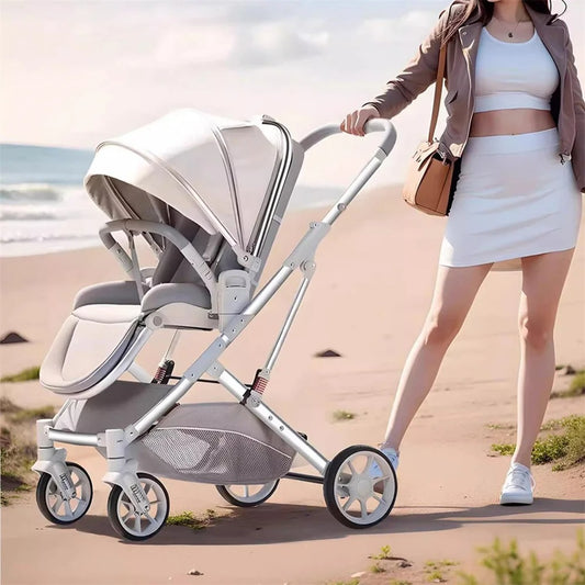 Mère-sur-bord-de-plage-avec-poussette-pliable-luxueuse