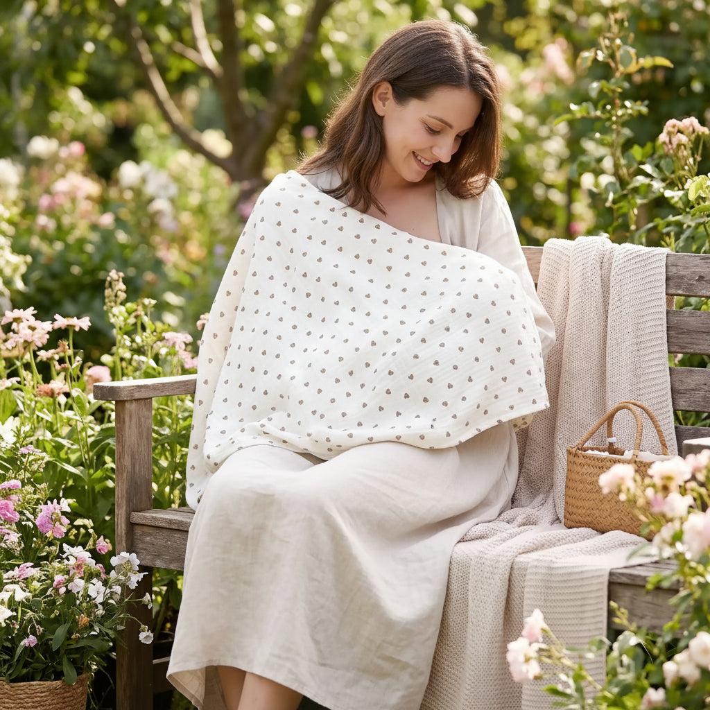 Mère allaite bébé avec couverture d'emmaillotage bebe coeur d'or