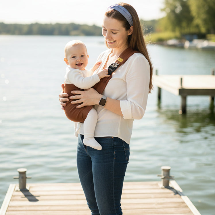 Mère au lac et porte bébé écharpe portage latéral 