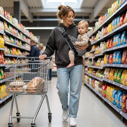 Mère au magasin avec écharpe de portage bébé compact