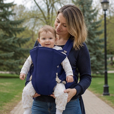Mère avec poupon dans porte bébé douillet bleu foncé.