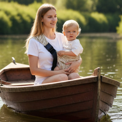 Mère dans canot avec écharpe porte bebe doux confort 