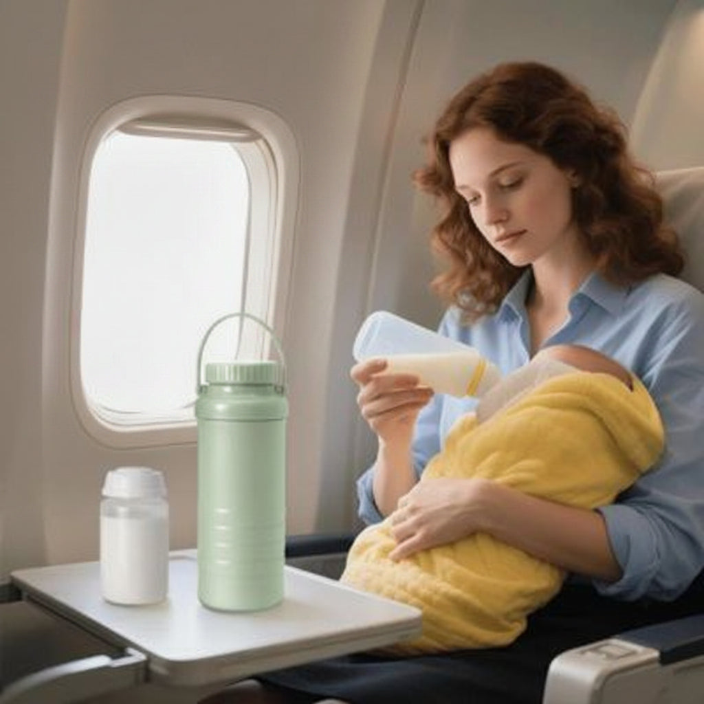 Mère en avion avec porte biberon isotherme lait maternel