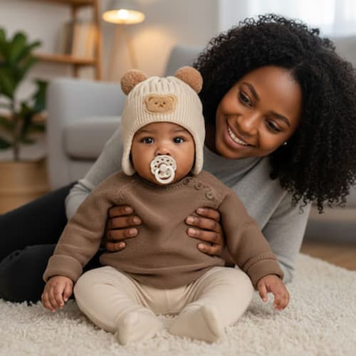 Mère et bambin avec bonnet bebe ourson confort couleur beige