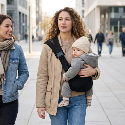Mère et bébé calme dans écharpe porte bébé balade sereine
