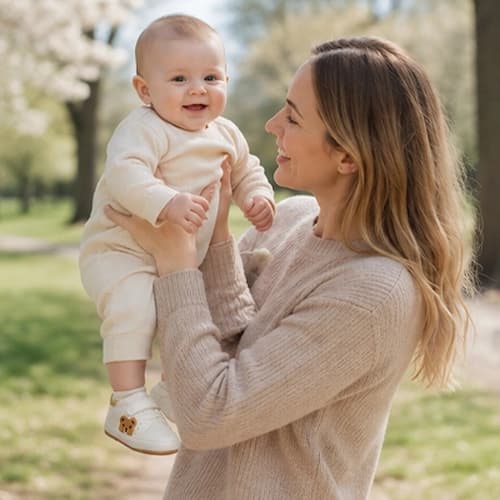 Mère et  poupon dans chaussures bebe premier pas ourson lovely