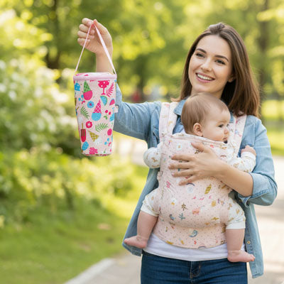 Mère marche avec bébé et porte biberon isotherme confort nomade