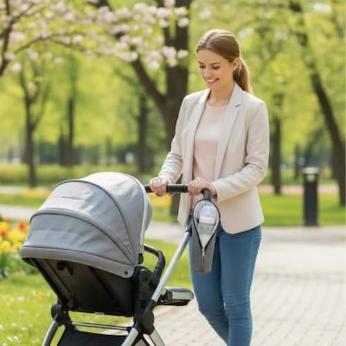 Mère promène poussette et biberon sac isotherme simplicité
