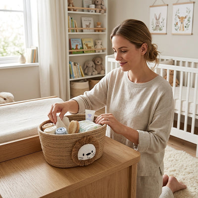 Mère range accessoires dans panier bebe rangement lionceau