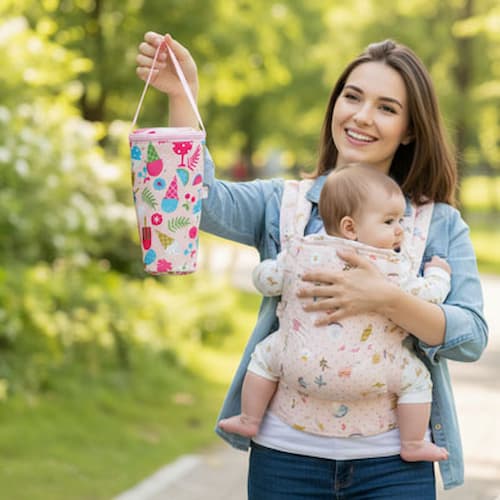 Mère se déplace avec porte biberon isotherme confort nomade