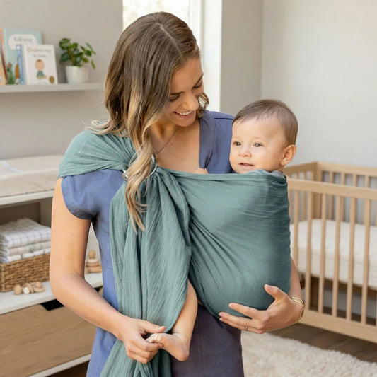Mère sourit à bébé avec sling echarpe de portage physioconfort
