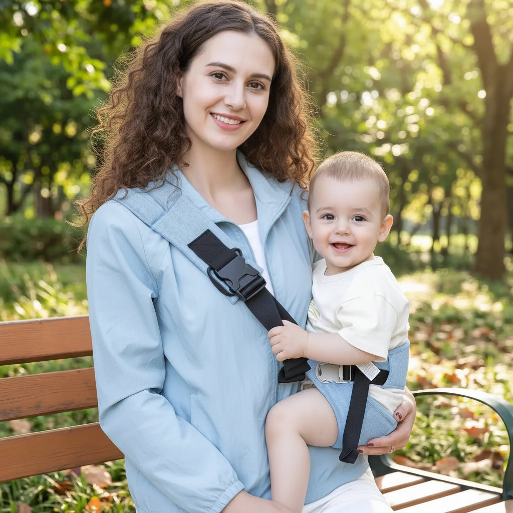 Mère sur banc parc avec avec porte bebe hanche connexion bleu