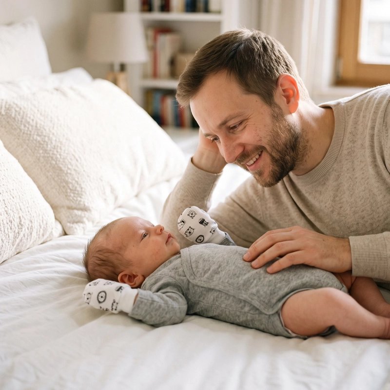 Nouveau-né avec moufle bébé tranquillité