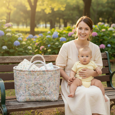 Panier de rangement bébé fleuri délicat sur banc de parc