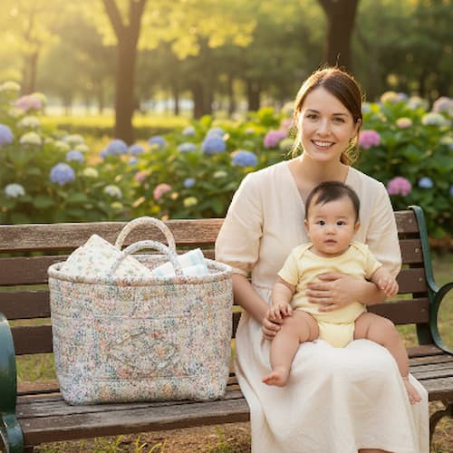 Panier de rangement bébé fleuri délicat banc de parc