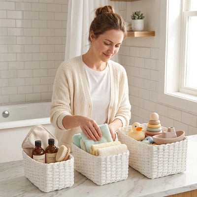 panier de rangement  pour bébé osier tressé blanc
