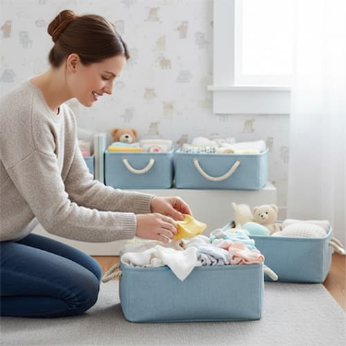 Panier rangement bébé fibre naturelle couleur bleu