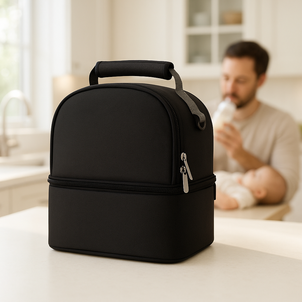 Papa-allaite-bébé-derrière-sac-isotherm-biberon-spacieux