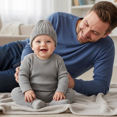 Papa et bébé avec bonnet bébé tricoté côtelé gris