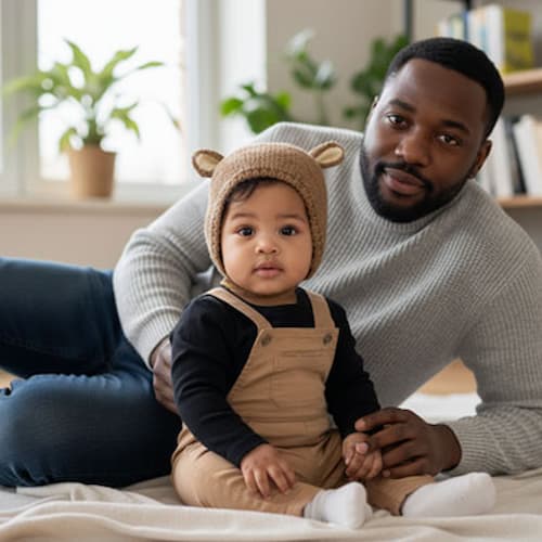 Papa avec enfant et bonnet bebe animal coquin 
