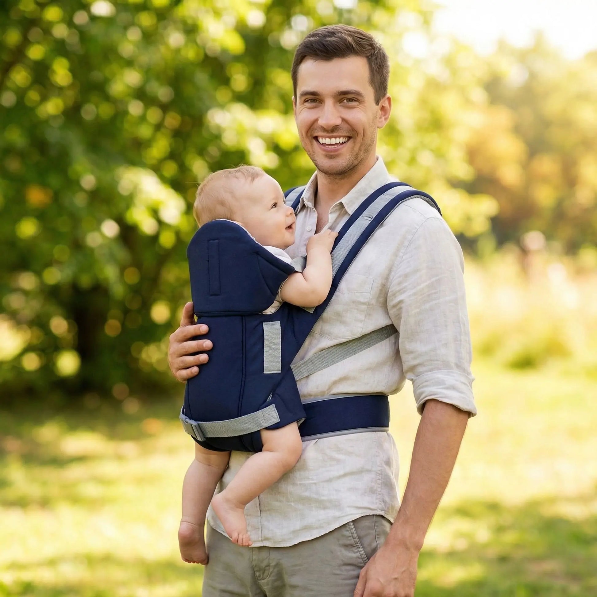 Papa marche avec enfant dans porte bébé ergonomique chouchou