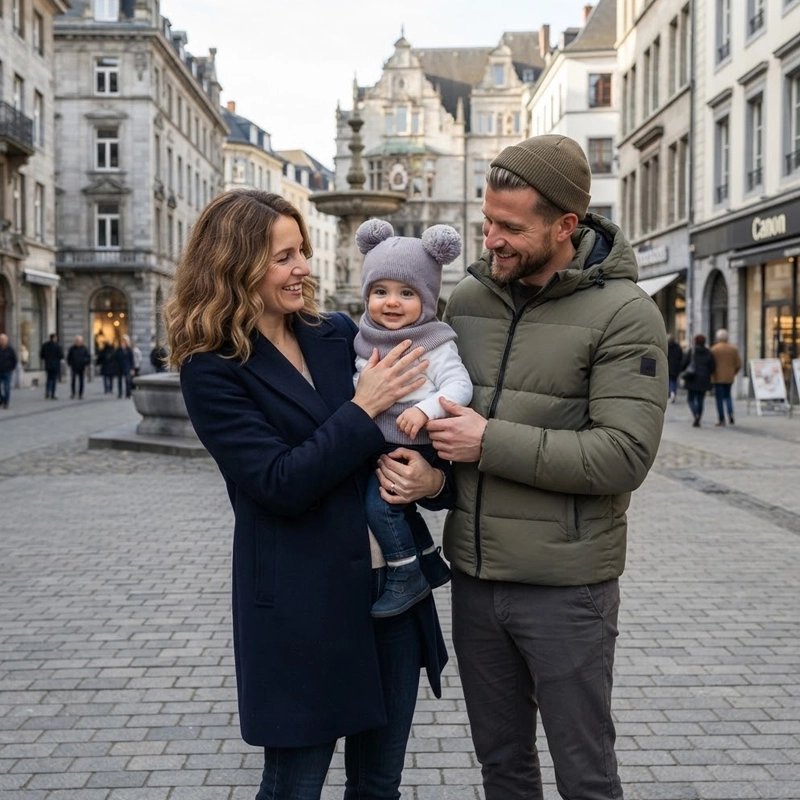 Parents avec cagoule bebe pompon chou