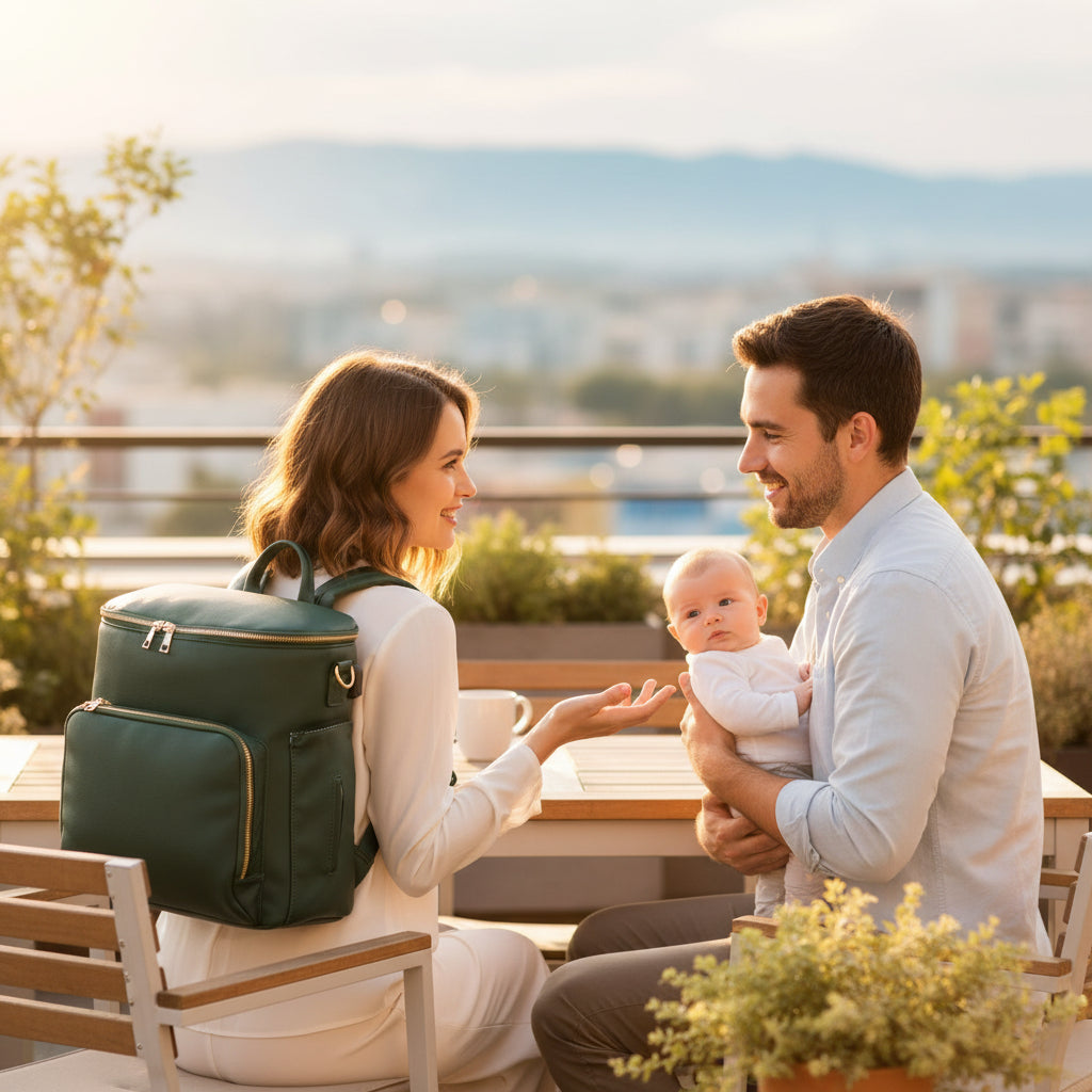 Parents discutent avec sac a dos maman céleste